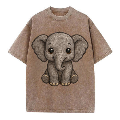 Baby Elephant - gray wrinkly, tiny trunk, large floppy ears, kind dark eyes, - Vintage T-shirt - Brown