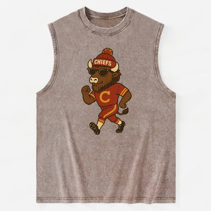 KC Bison wearing Chiefs beanie with arrowhead patch and wayfarer sunglasses - Vintage Washed Tank - Brown