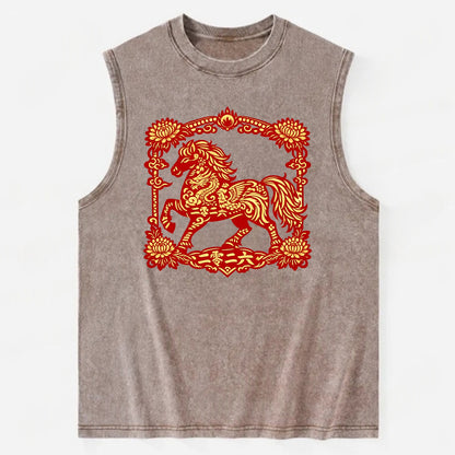 HORSE | Silk style horse design | Gold and silver thread appearance | Phoenix - Vintage Washed Tank - Brown