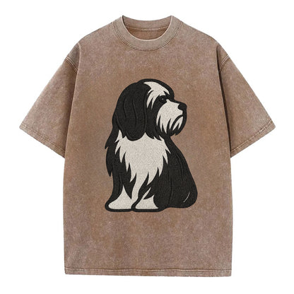 Tibetan Terrier - Black and white long c - Vintage T-shirt - Brown