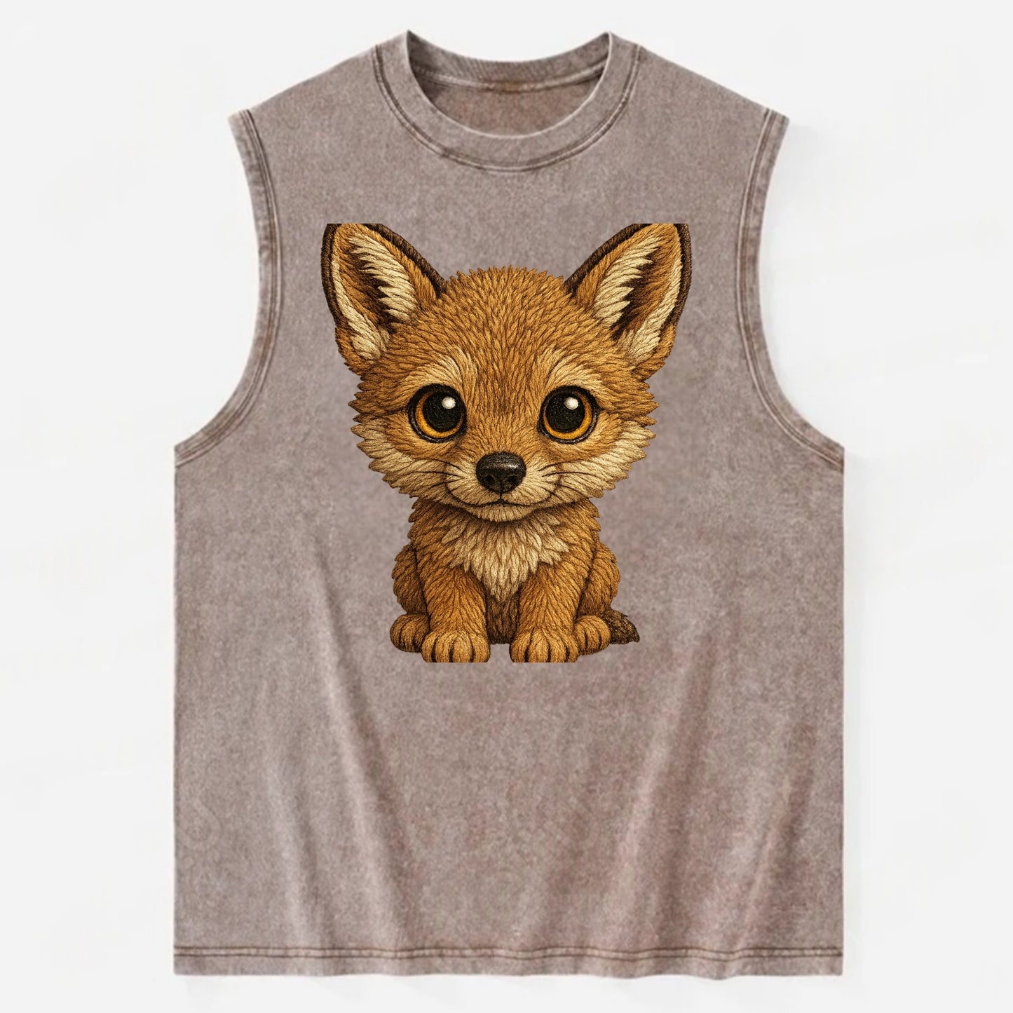 Baby Coyote Pup - tan fur, large ears, golden eyes, front-facing, clever baby - Vintage Washed Tank - Brown