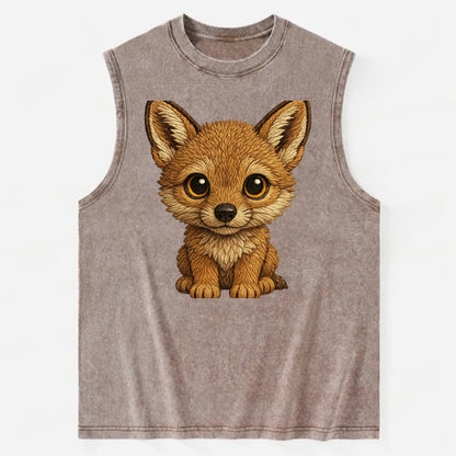 Baby Coyote Pup - tan fur, large ears, golden eyes, front-facing, clever baby - Vintage Washed Tank - Brown