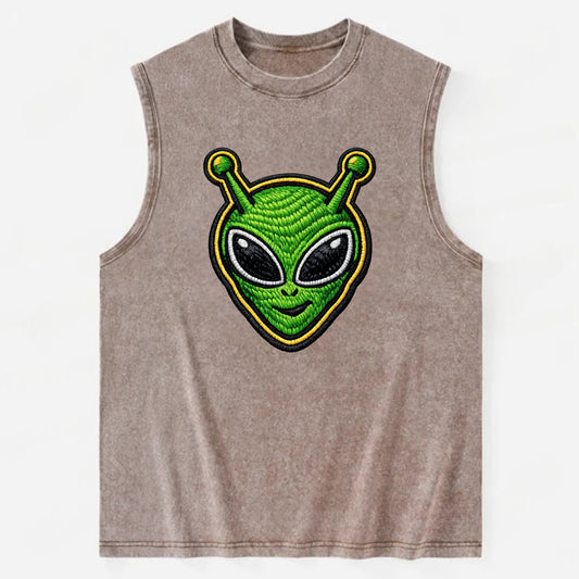 ALIEN MARTIAN - green alien with antenna in green , little green man - Vintage Washed Tank - Brown