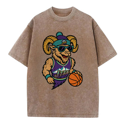 Utah Bighorn wearing Jazz beanie with mountain melody patch and wayfarer - Vintage T-shirt - Brown