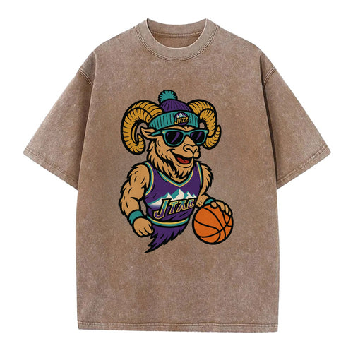 Utah Bighorn wearing Jazz beanie with mountain melody patch and wayfarer - Vintage T-shirt