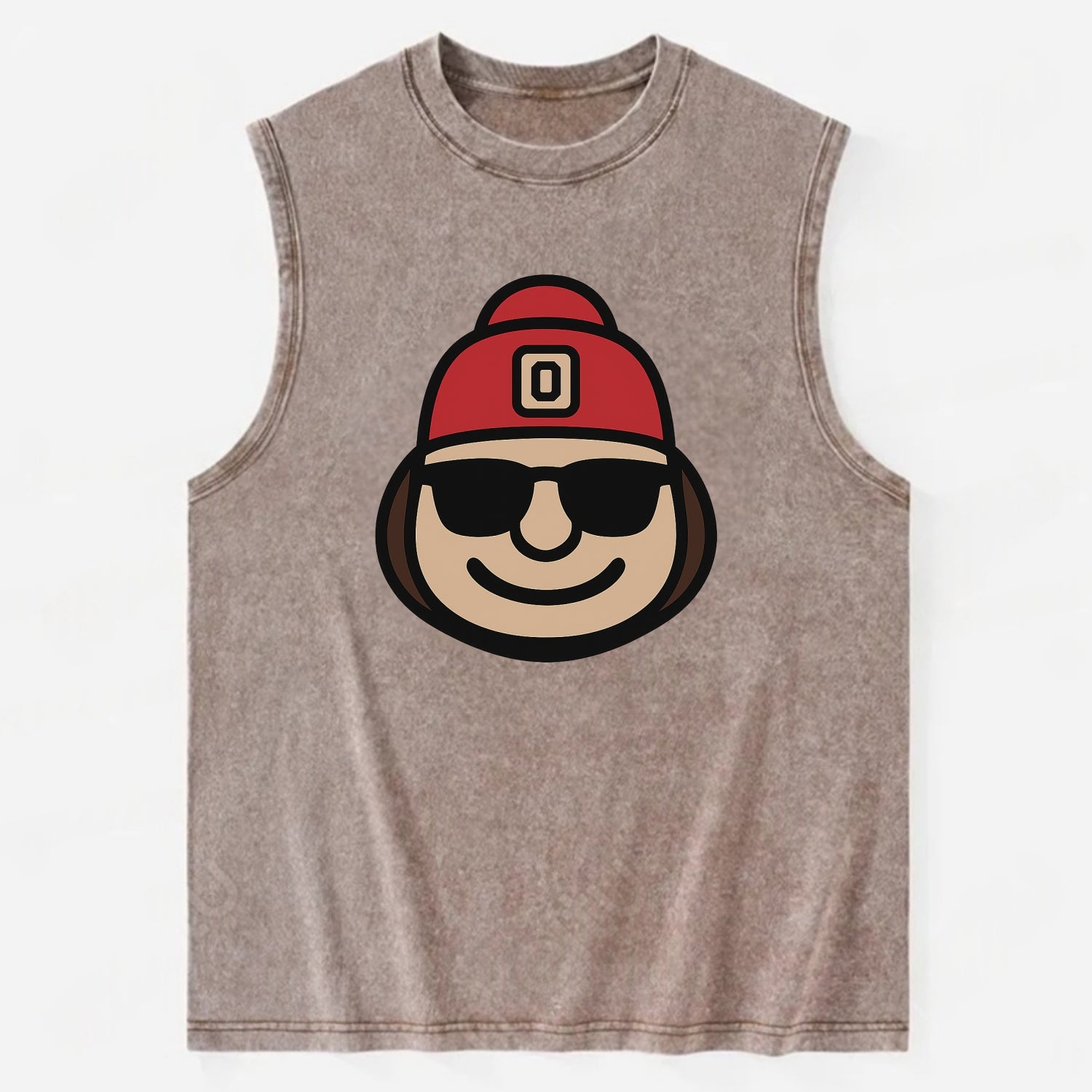 Columbus Brutus wearing Ohio State beanie with Block O patch - Vintage Washed Tank - Brown