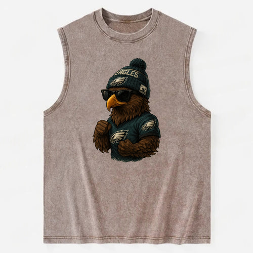 Philly Hawk wearing Eagles beanie with Rocky patch and wayfarer sunglasses - Vintage Washed Tank