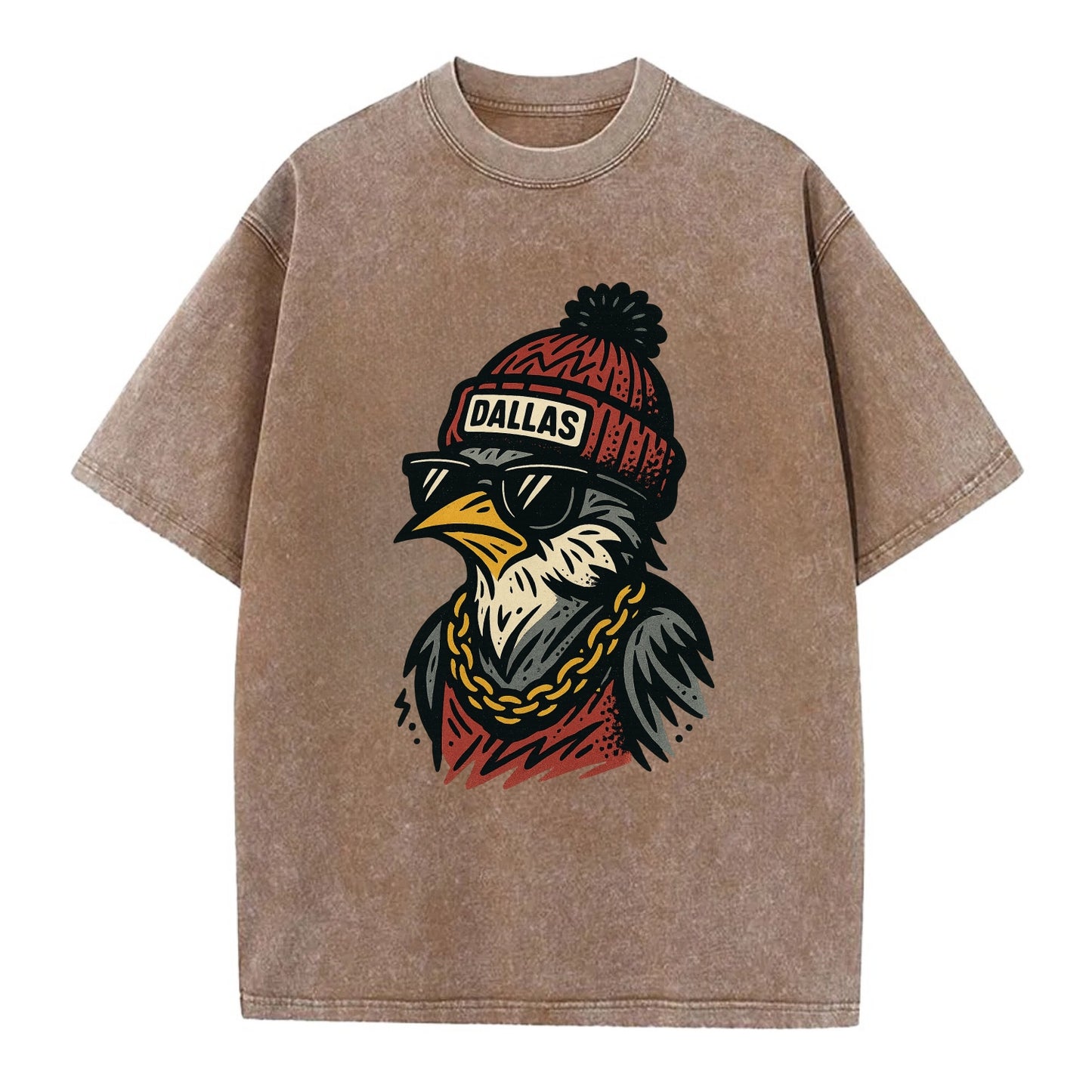 Dallas Mockingbird wearing Dallas beanie with pom pom and wayfarer sunglasses - Vintage T-shirt - Brown