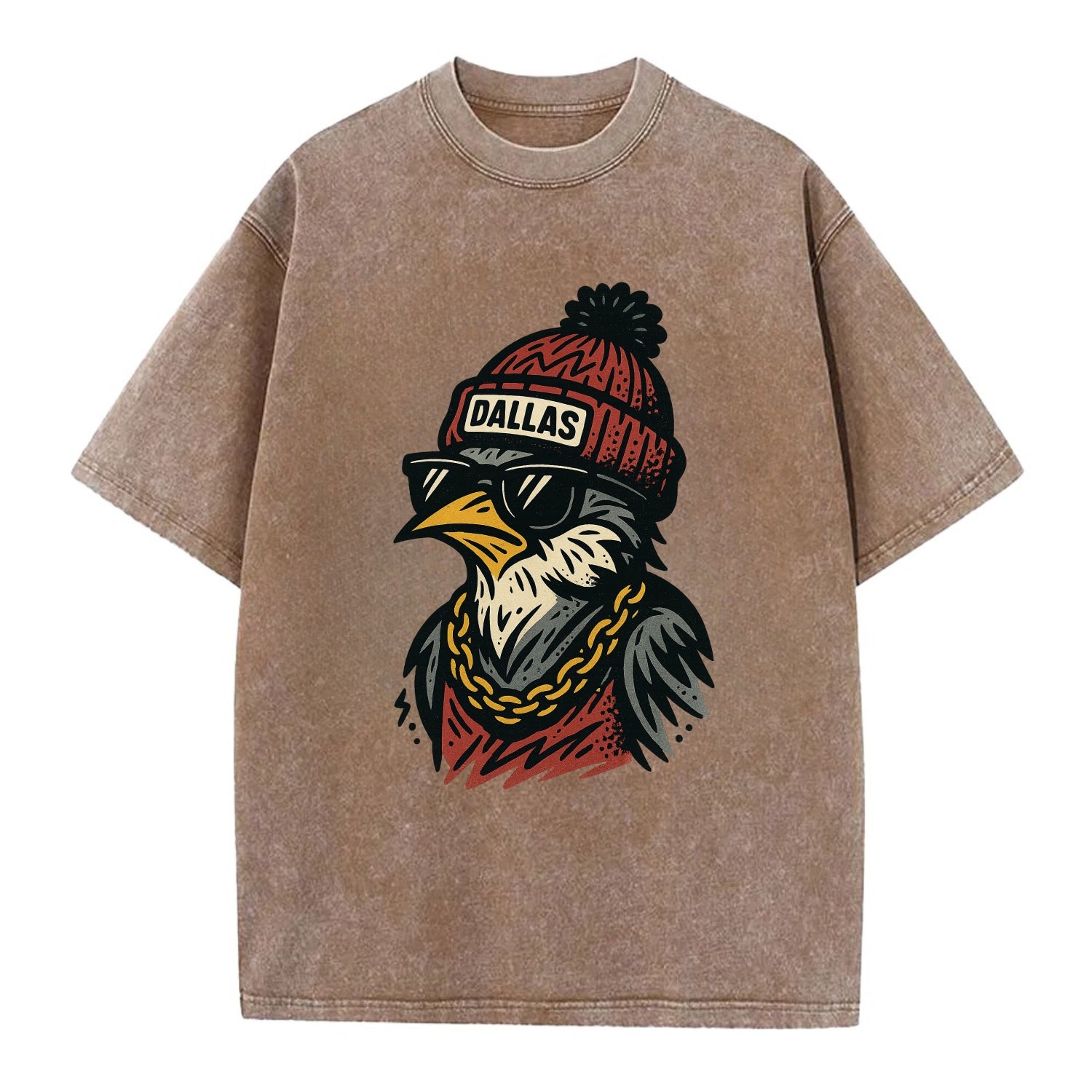 Dallas Mockingbird wearing Dallas beanie with pom pom and wayfarer sunglasses - Vintage T-shirt - Brown