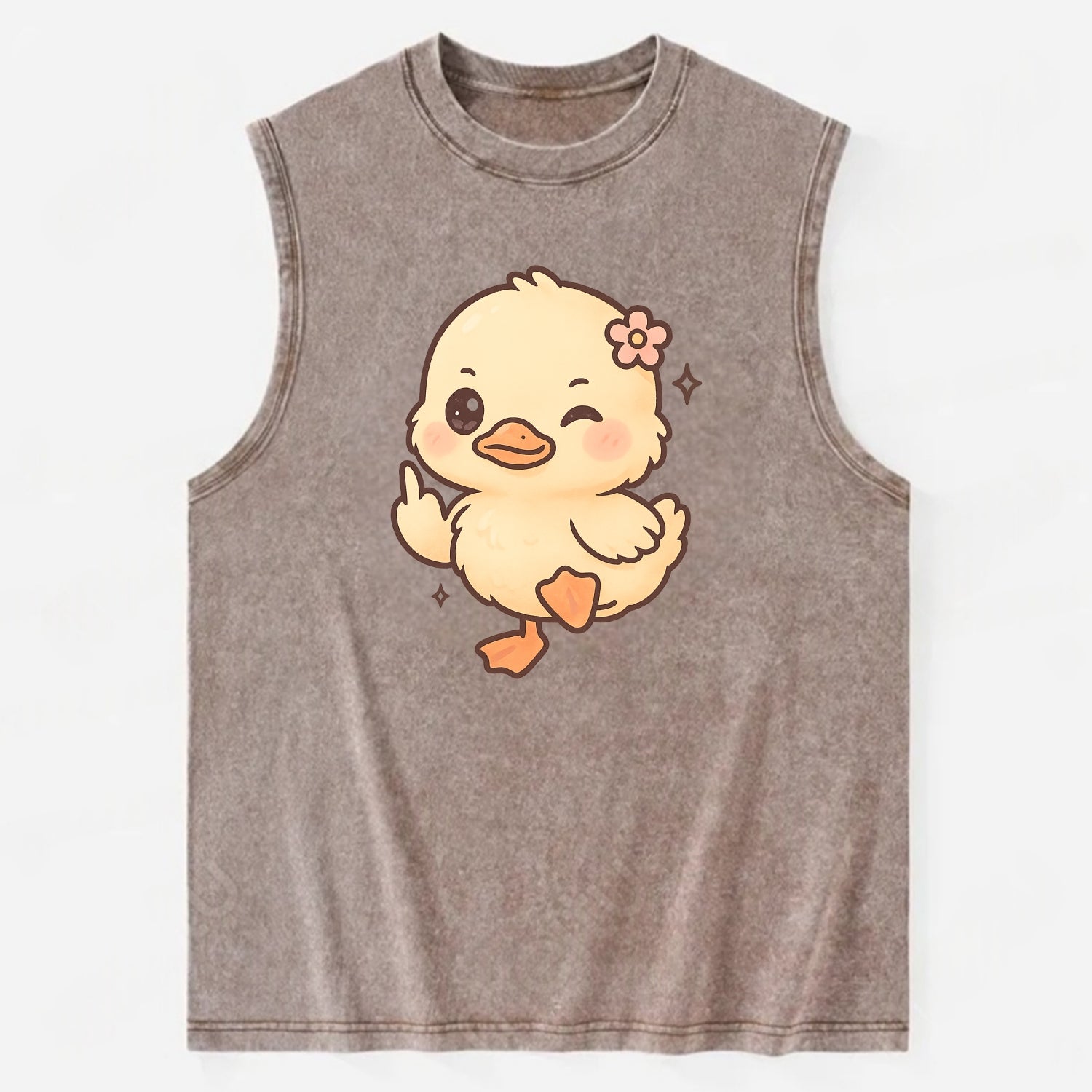 fluffy baby duck with small flower, one webbed foot raised sassily - Vintage Washed Tank - Brown
