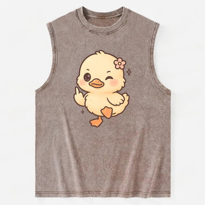 fluffy baby duck with small flower, one webbed foot raised sassily - Vintage Washed Tank - Brown