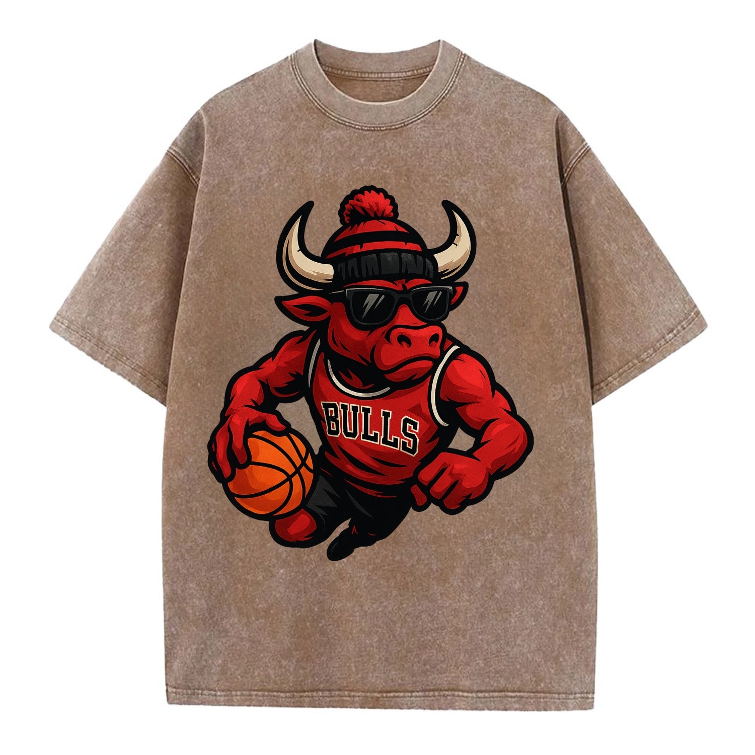 Chicago Bull wearing Bulls red and black beanie with horns design and wayfarer - Vintage T-shirt - Brown