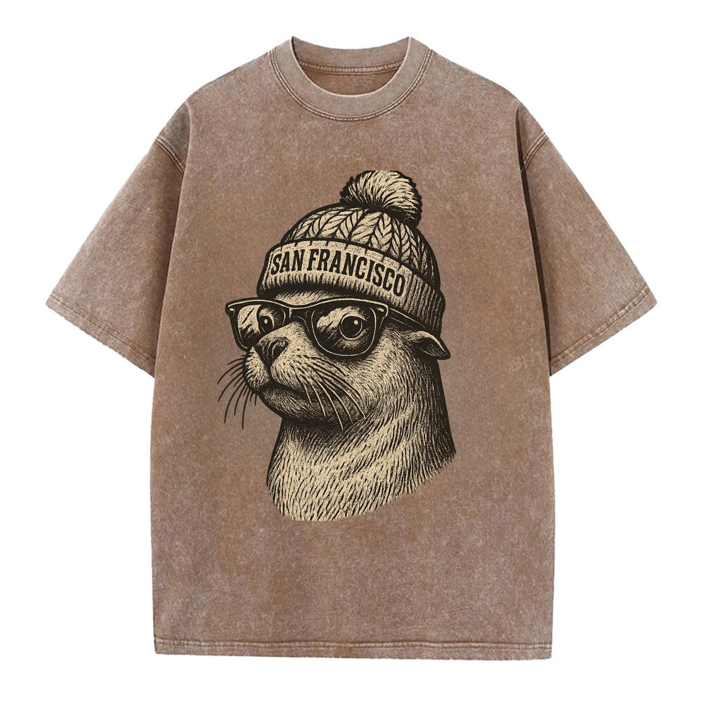 San Francisco Sea Lion wearing San Francisco beanie with pom pom and wayfarer - Vintage T-shirt - Brown