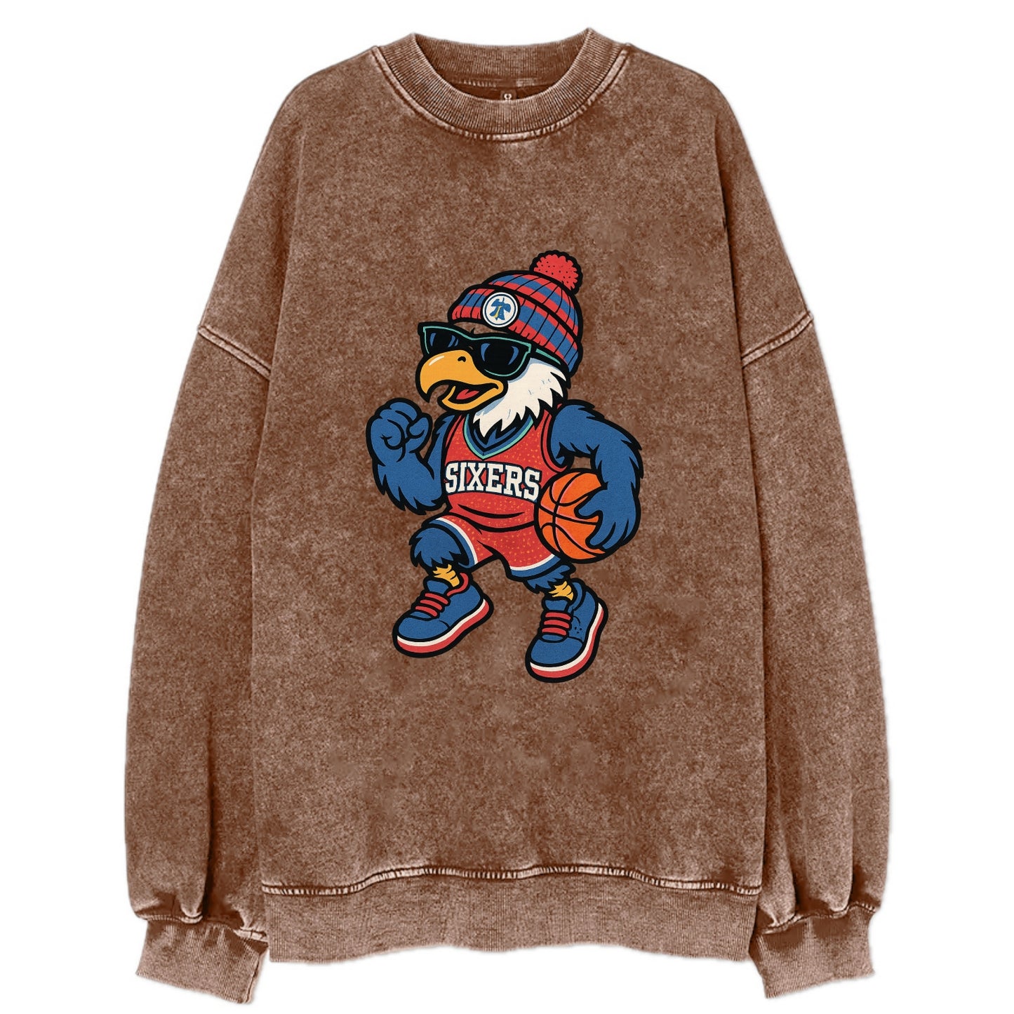 Philadelphia Eagle wearing 76ers red white and blue beanie with bell patch and - Vintage Sweatshirt - Brown