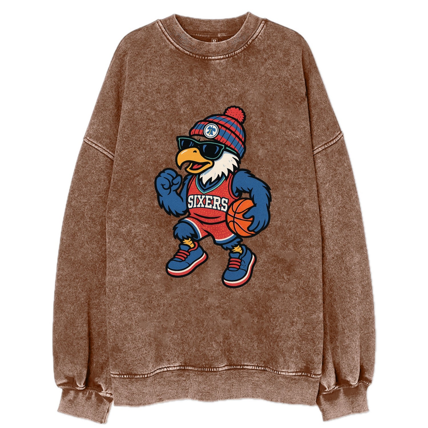 Philadelphia Eagle wearing 76ers red white and blue beanie with bell patch and - Vintage Sweatshirt - Brown