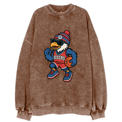Philadelphia Eagle wearing 76ers red white and blue beanie with bell patch and - Vintage Sweatshirt - Brown