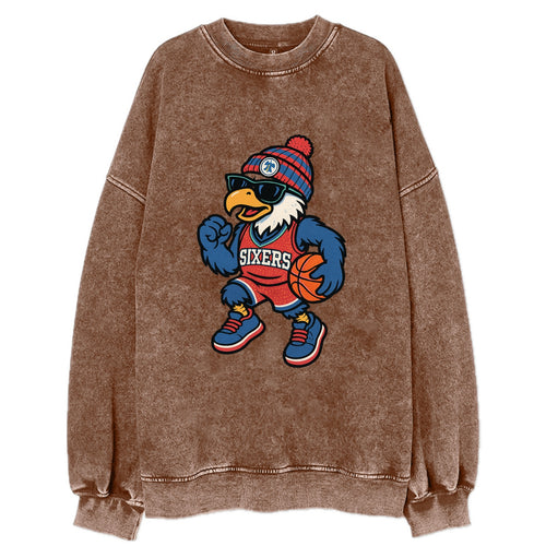 Philadelphia Eagle wearing 76ers red white and blue beanie with bell patch and - Vintage Sweatshirt