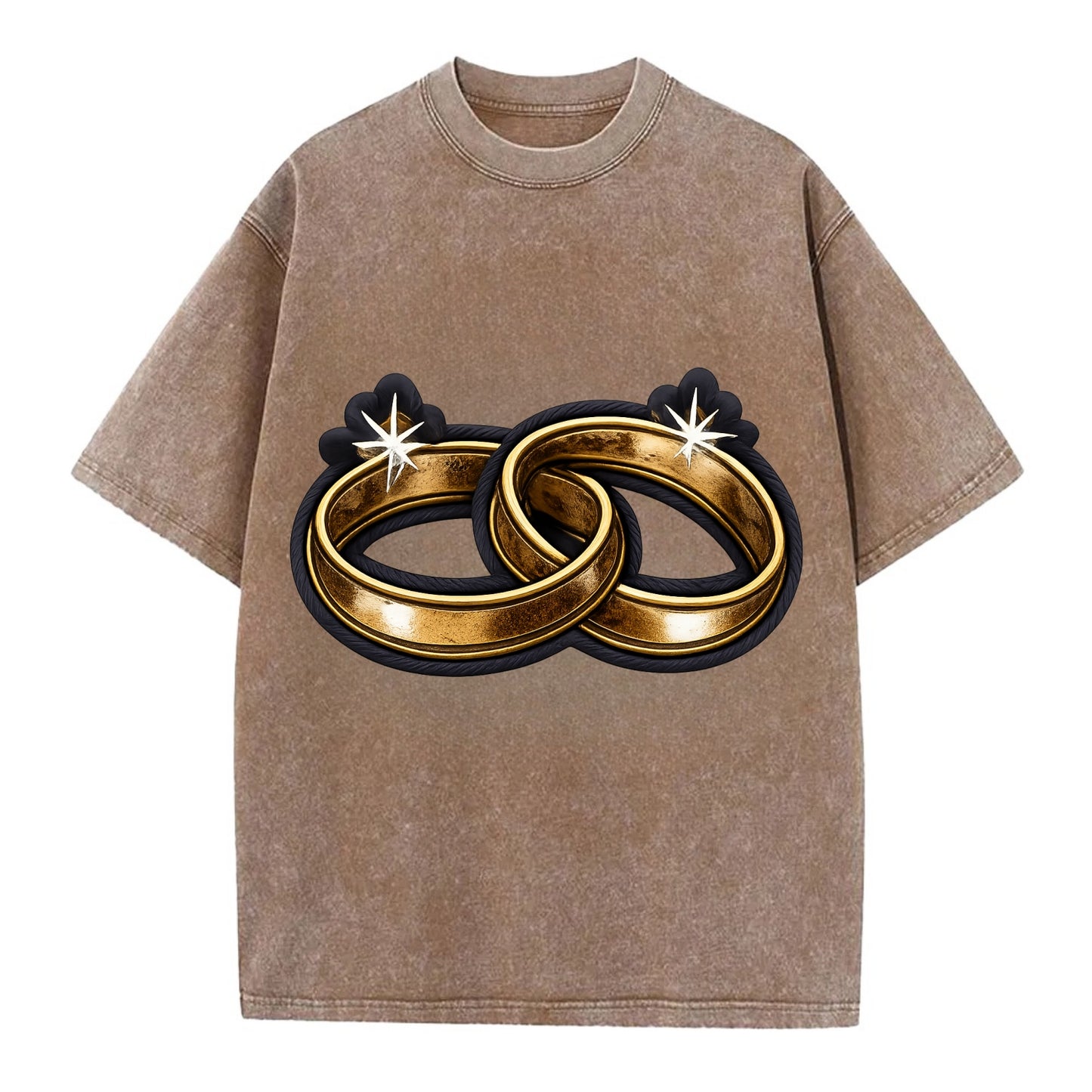 WEDDING RINGS - interlocked bands in gold , marriage - Vintage T-shirt - Brown