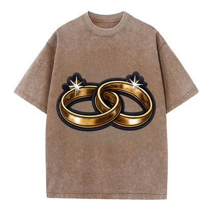 WEDDING RINGS - interlocked bands in gold , marriage - Vintage T-shirt - Brown