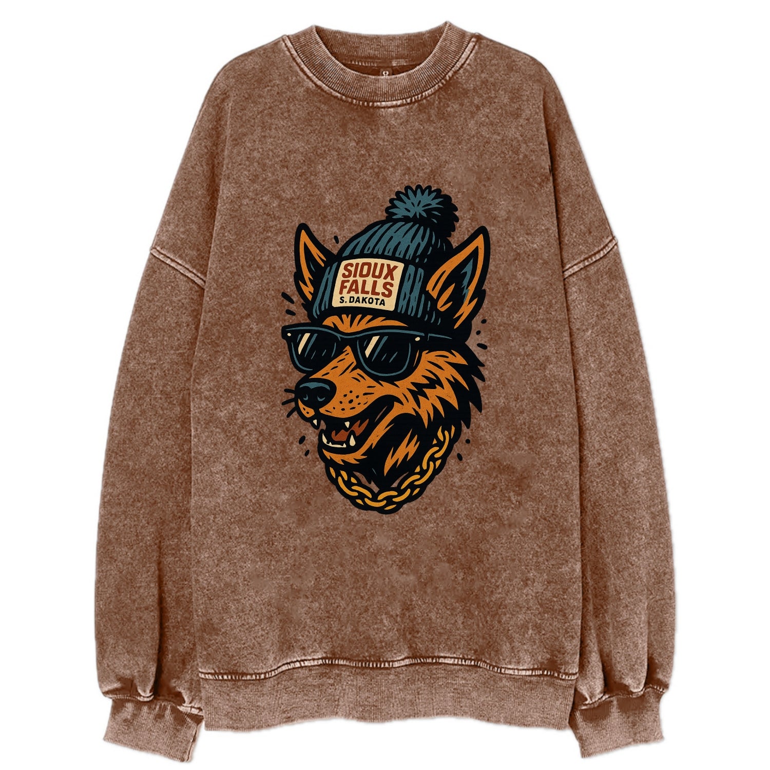 South Dakota Coyote wearing Sioux Falls beanie with pom pom and wayfarer - Vintage Sweatshirt - Brown
