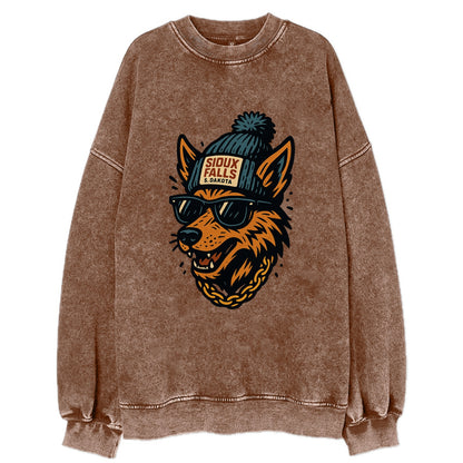South Dakota Coyote wearing Sioux Falls beanie with pom pom and wayfarer - Vintage Sweatshirt - Brown