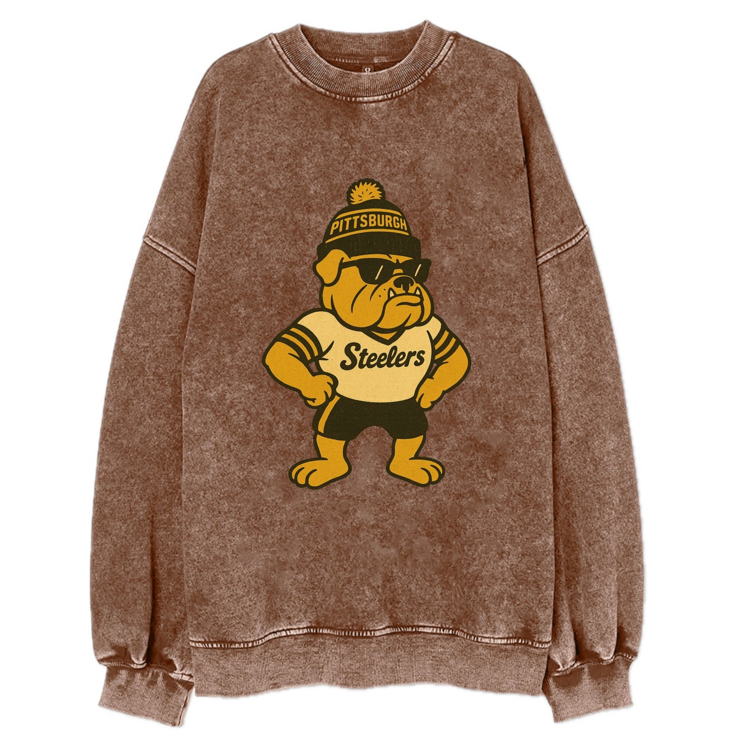 Pittsburgh Bulldog wearing Steelers black and gold beanie with pom pom and - Vintage Sweatshirt - Brown