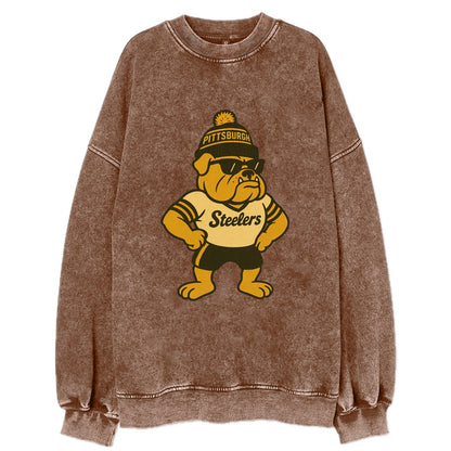 Pittsburgh Bulldog wearing Steelers black and gold beanie with pom pom and - Vintage Sweatshirt - Brown