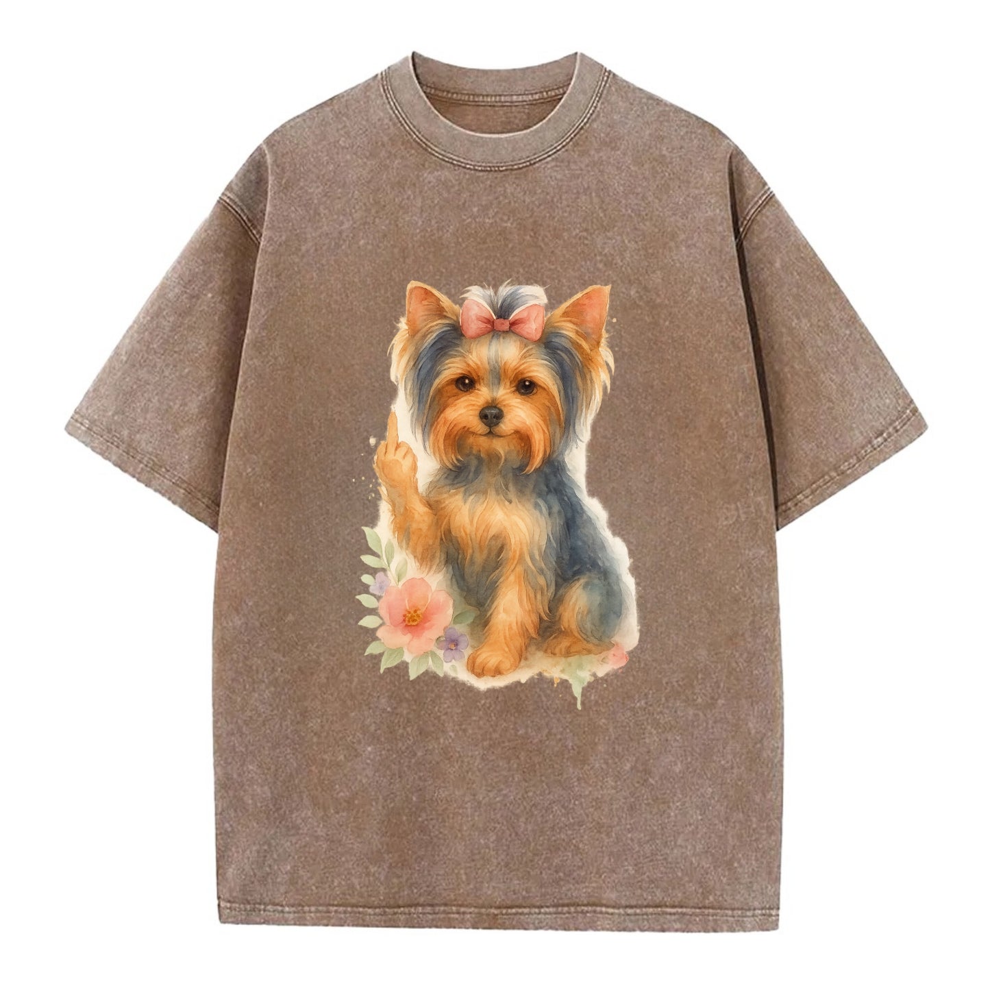 Yorkshire Terrier with topknot bow, one delicate paw flipping off - Vintage T-shirt - Brown