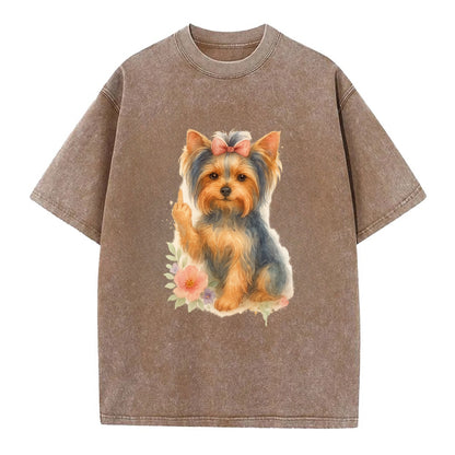 Yorkshire Terrier with topknot bow, one delicate paw flipping off - Vintage T-shirt - Brown
