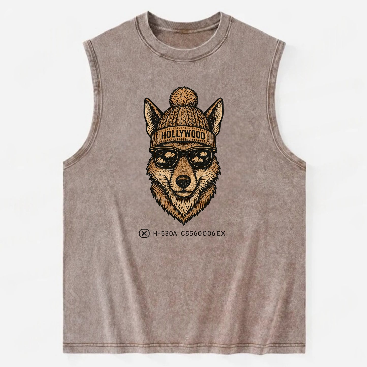 LA Coyote wearing Hollywood beanie with pom pom and wayfarer sunglasses - Vintage Washed Tank - Brown