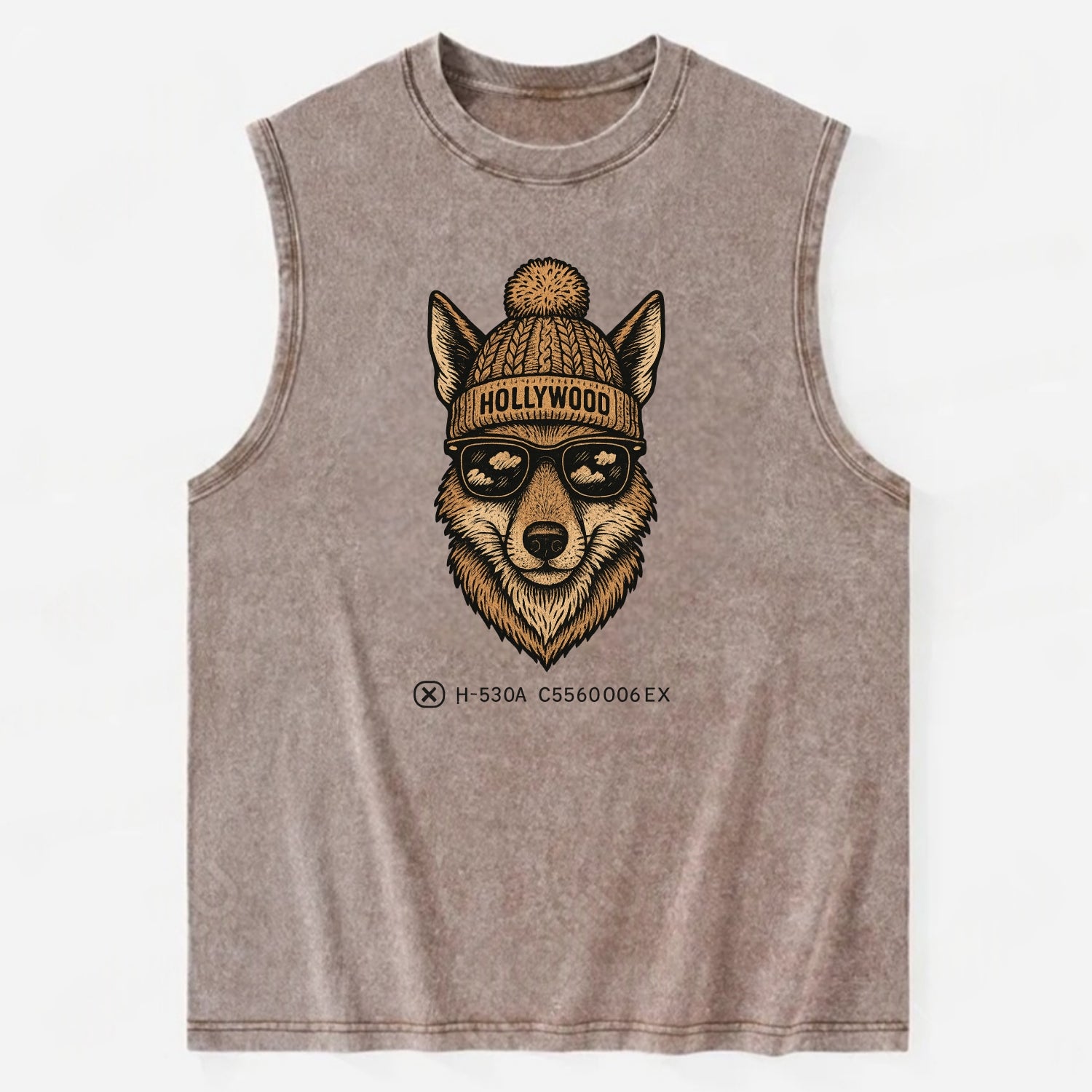 LA Coyote wearing Hollywood beanie with pom pom and wayfarer sunglasses - Vintage Washed Tank - Brown