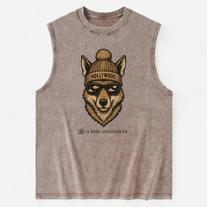 LA Coyote wearing Hollywood beanie with pom pom and wayfarer sunglasses - Vintage Washed Tank - Brown