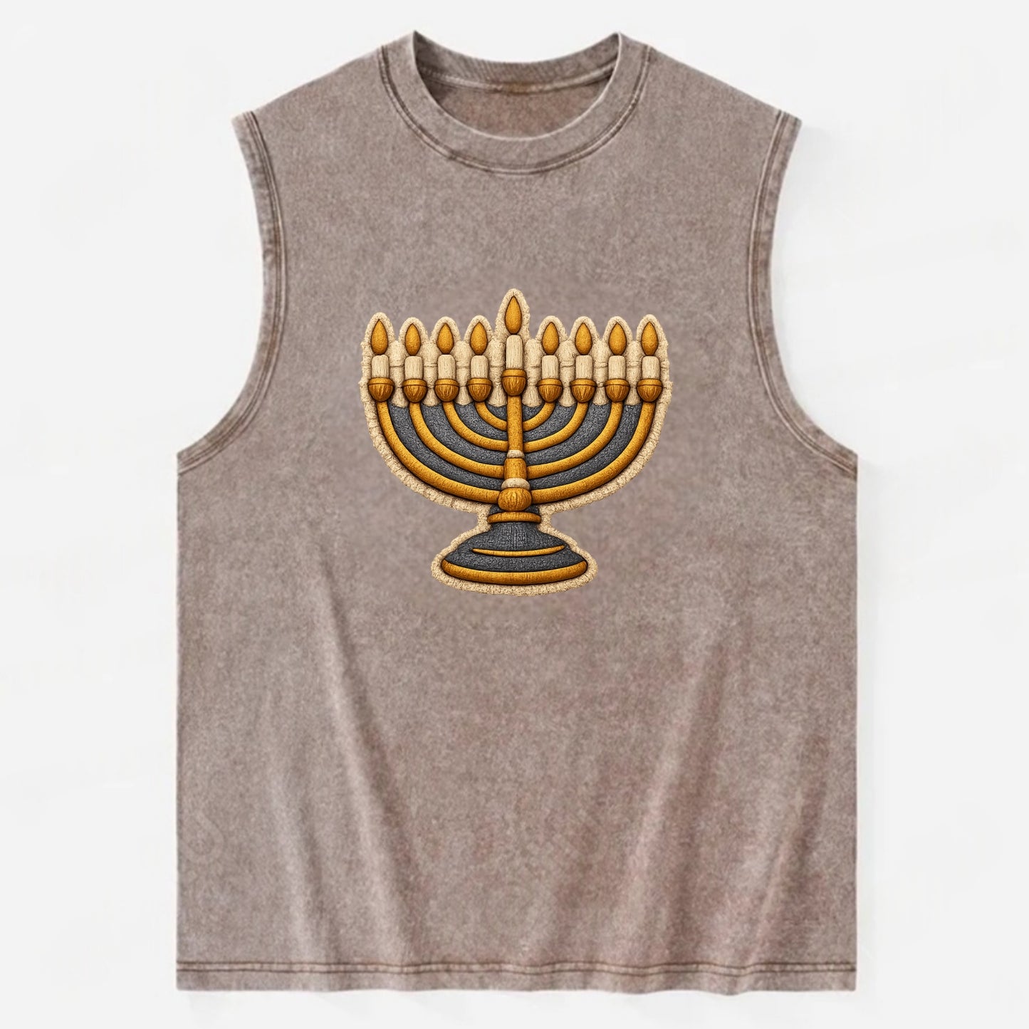 MENORAH LIGHTS - nine branch candelabra in gold and blue , Hanukkah - Vintage Washed Tank - Brown