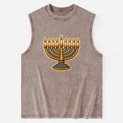 MENORAH LIGHTS - nine branch candelabra in gold and blue , Hanukkah - Vintage Washed Tank - Brown