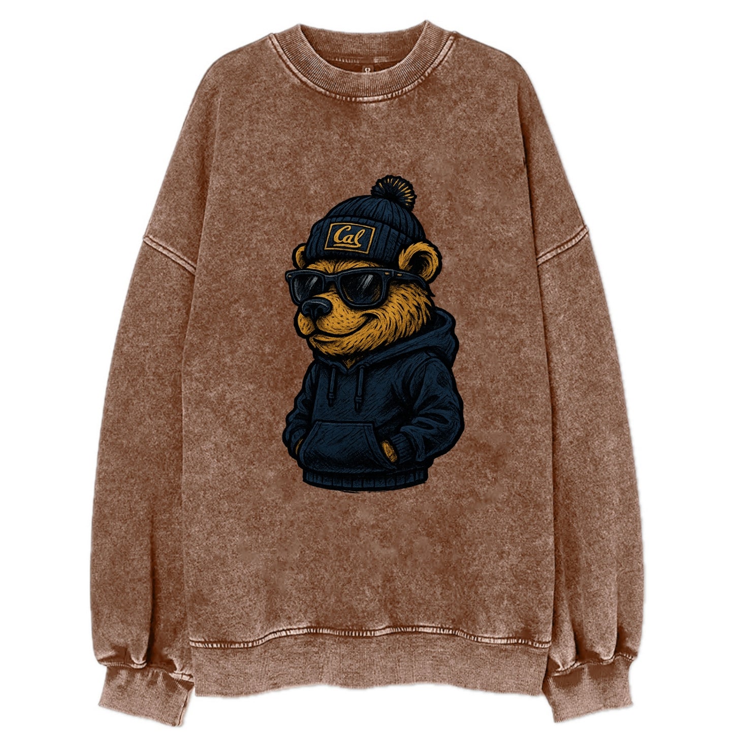 Berkeley Bear wearing Cal beanie with script patch - Vintage Sweatshirt - Brown