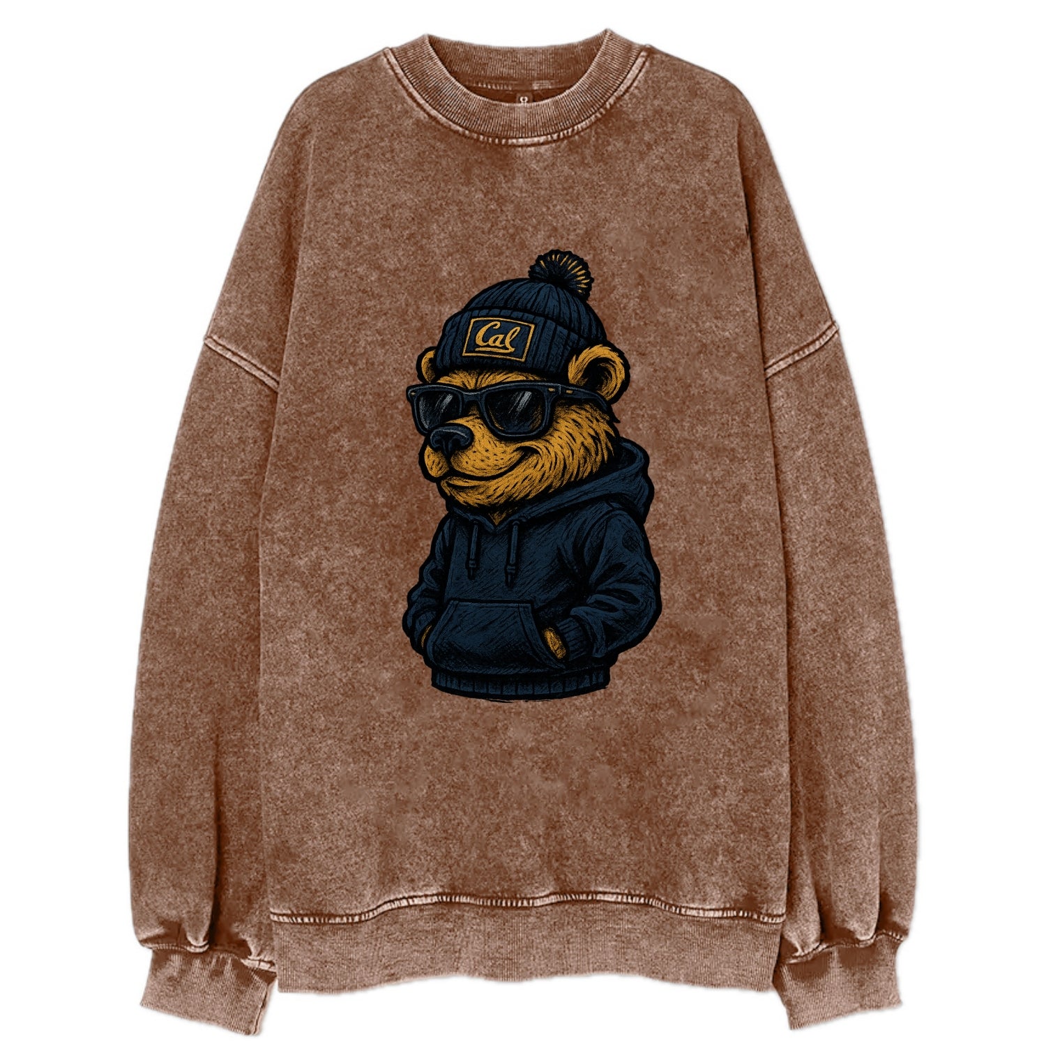 Berkeley Bear wearing Cal beanie with script patch - Vintage Sweatshirt - Brown