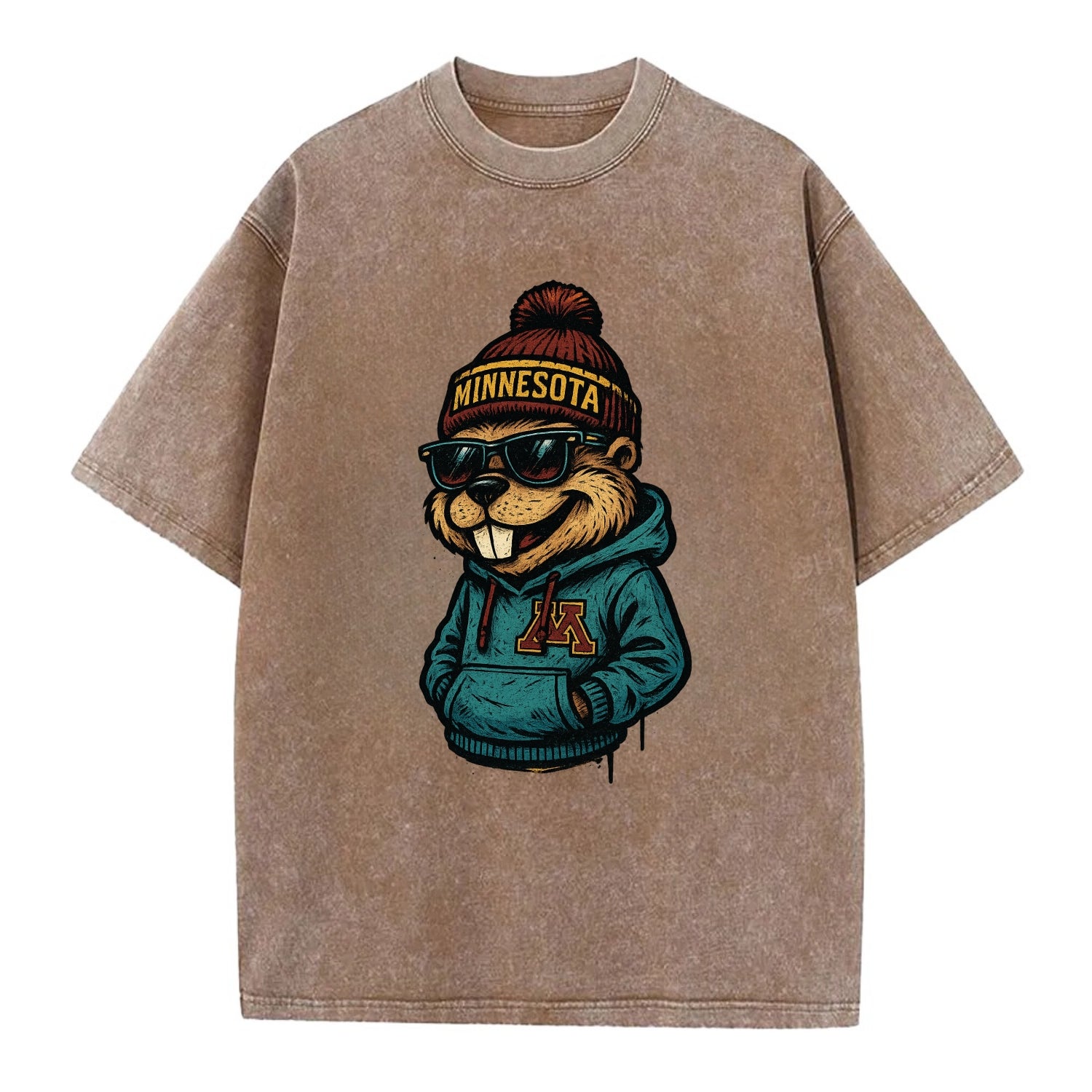 Minneapolis Gopher wearing Minnesota beanie with M patch - Vintage T-shirt - Brown