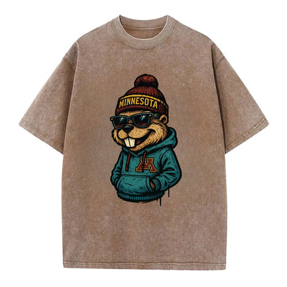 Minneapolis Gopher wearing Minnesota beanie with M patch - Vintage T-shirt - Brown