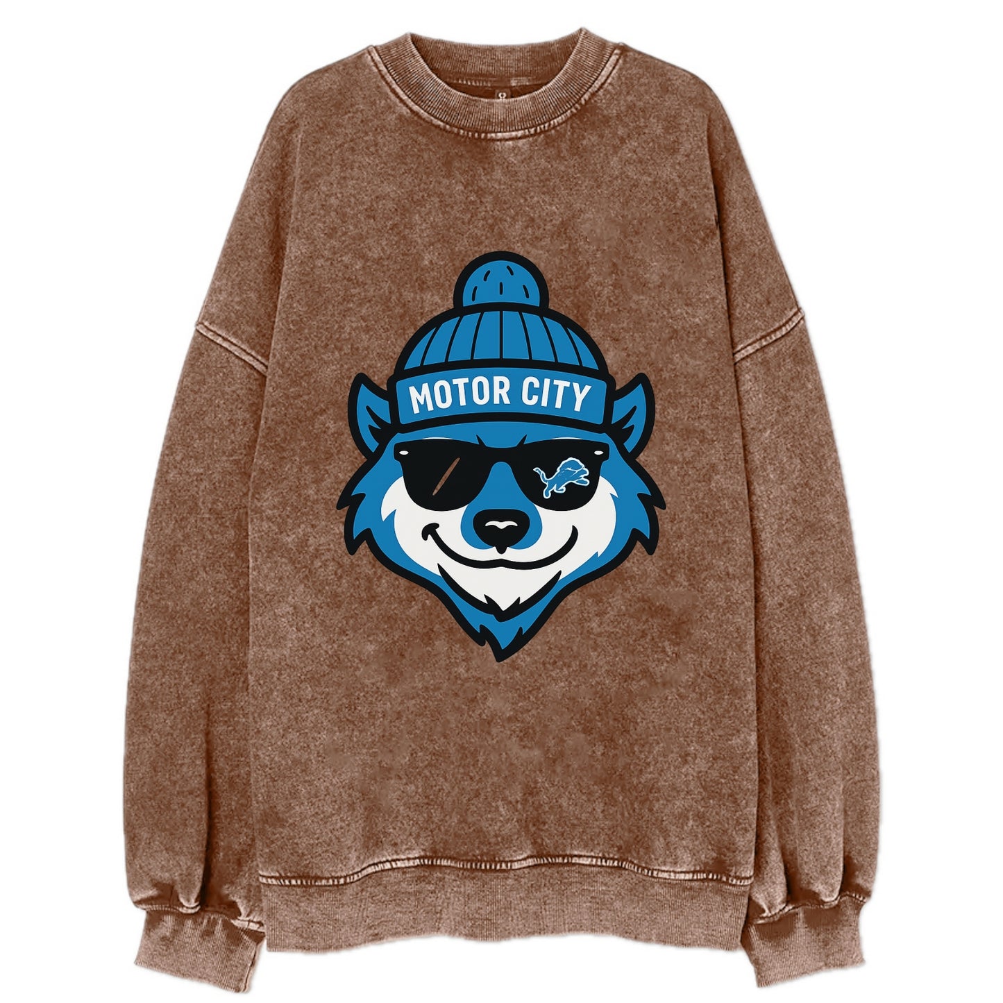 Motor City Wolverine wearing Lions beanie with gear patch and wayfarer - Vintage Sweatshirt - Brown