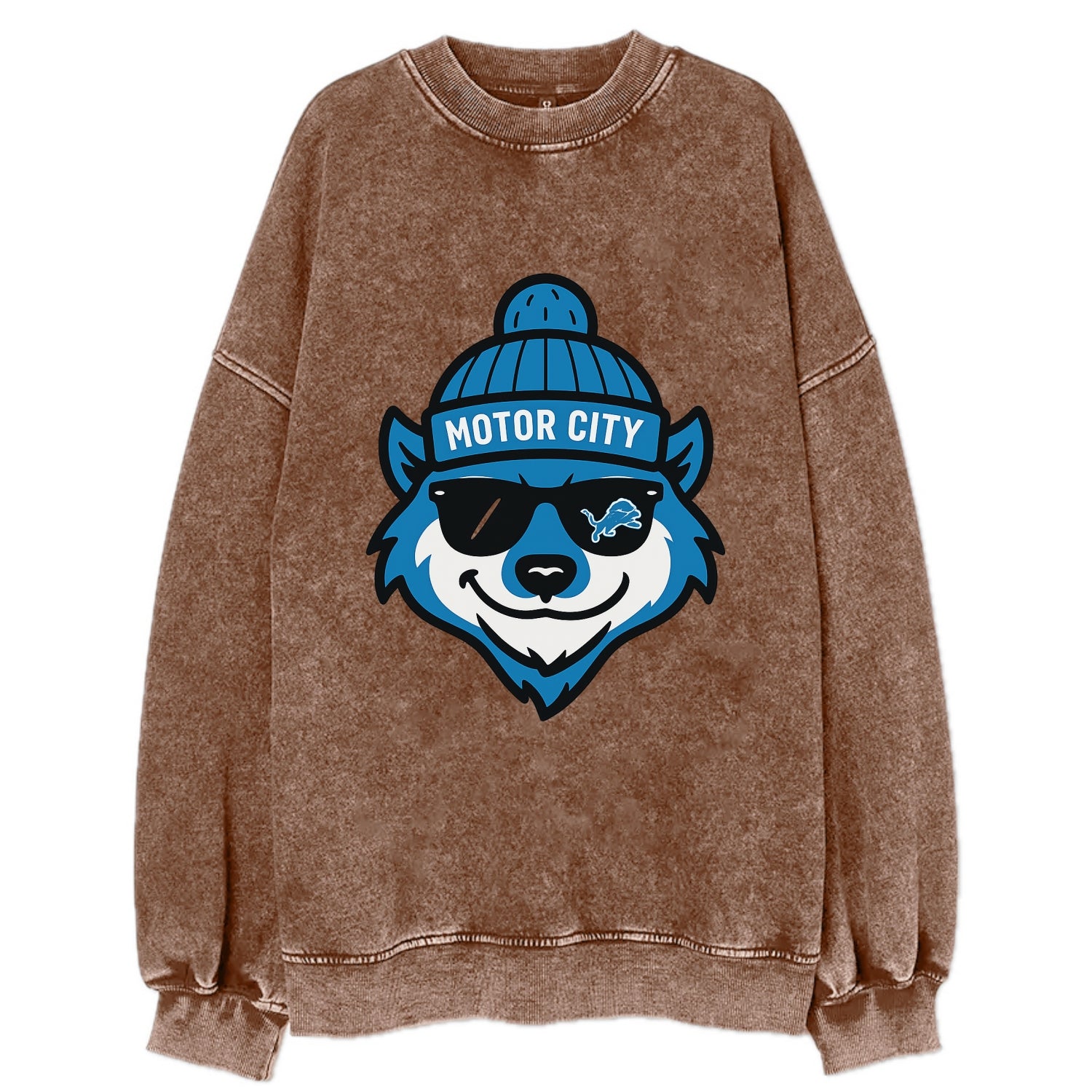 Motor City Wolverine wearing Lions beanie with gear patch and wayfarer - Vintage Sweatshirt - Brown