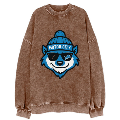 Motor City Wolverine wearing Lions beanie with gear patch and wayfarer - Vintage Sweatshirt - Brown