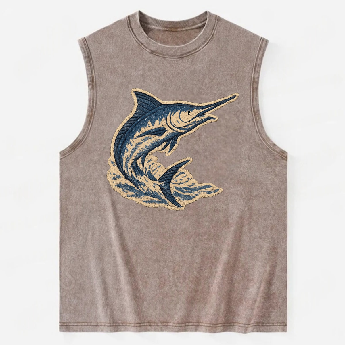 SWORDFISH MARLIN - leaping marlin in blue and silver , sport fishing - Vintage Washed Tank - Brown