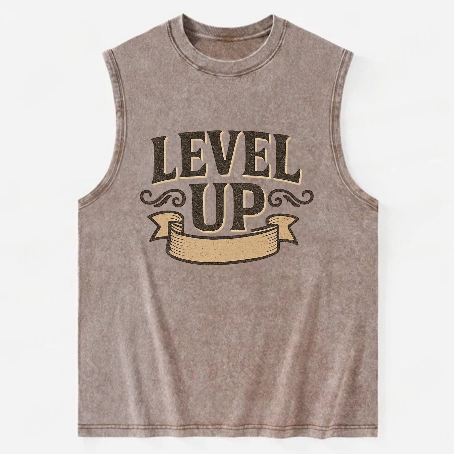 Bold typography design - "LEVEL UP" - improving, advancing, growing - Vintage Washed Tank - Brown