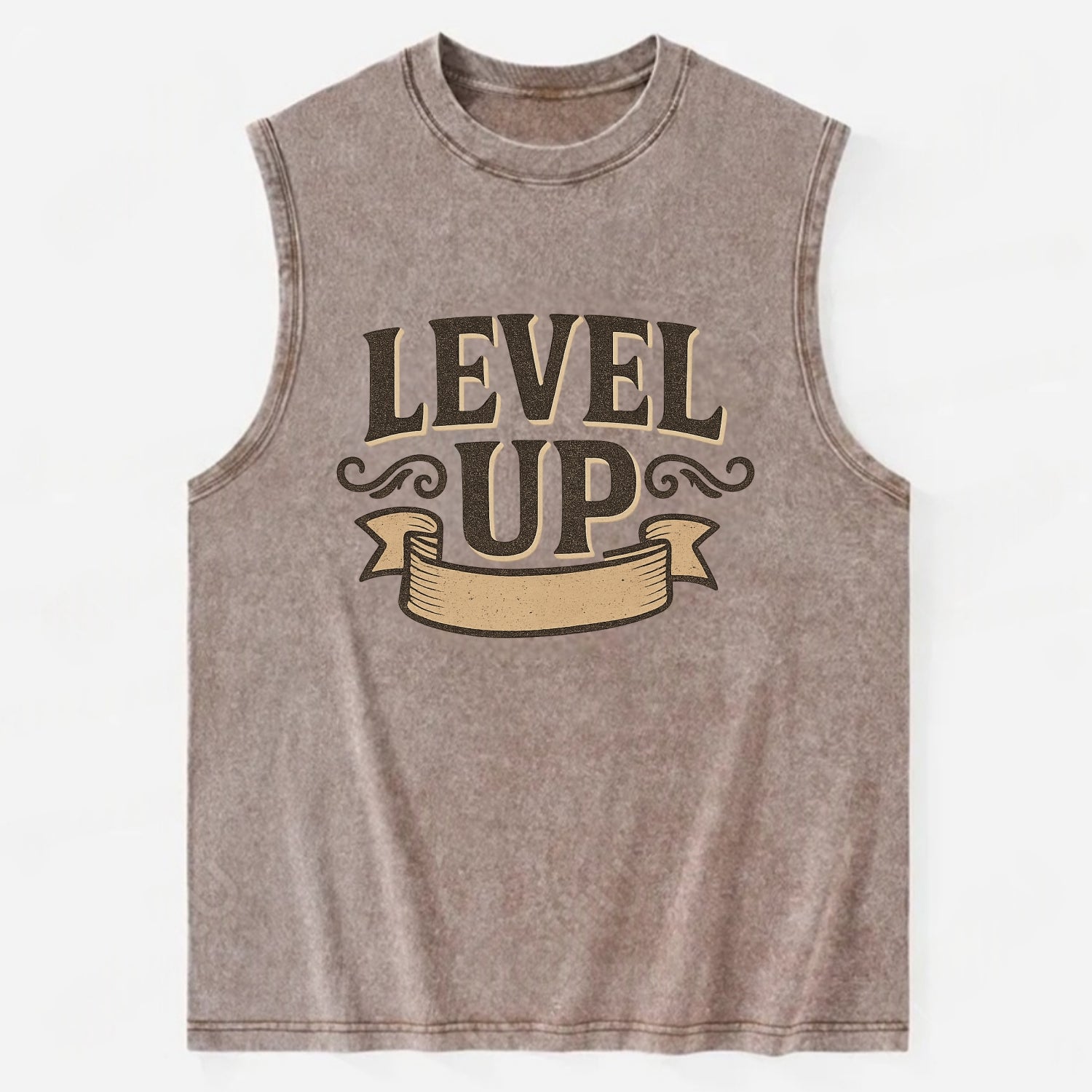 Bold typography design - "LEVEL UP" - improving, advancing, growing - Vintage Washed Tank - Brown