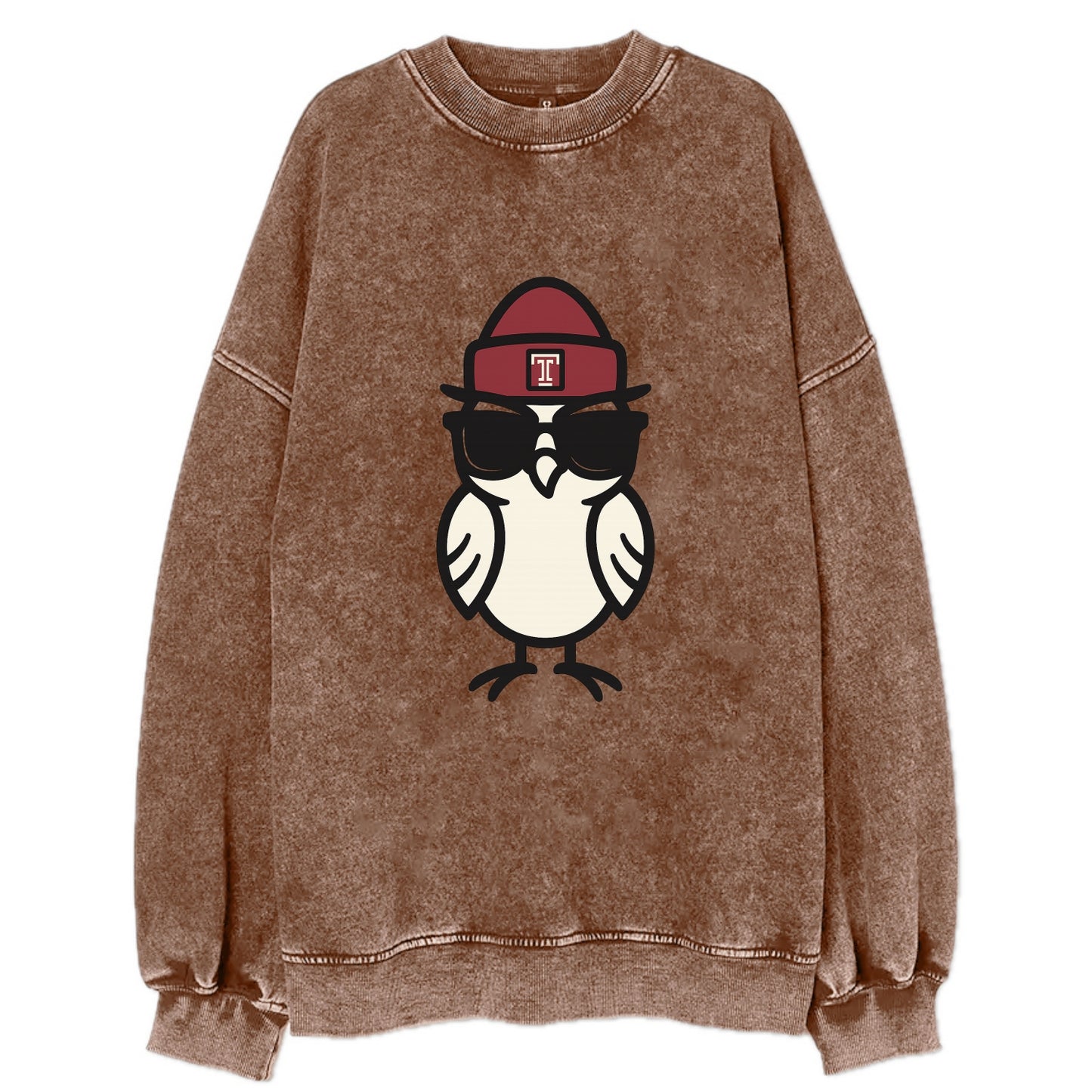 Philadelphia Owl wearing Temple beanie with T patch - Vintage Sweatshirt - Brown