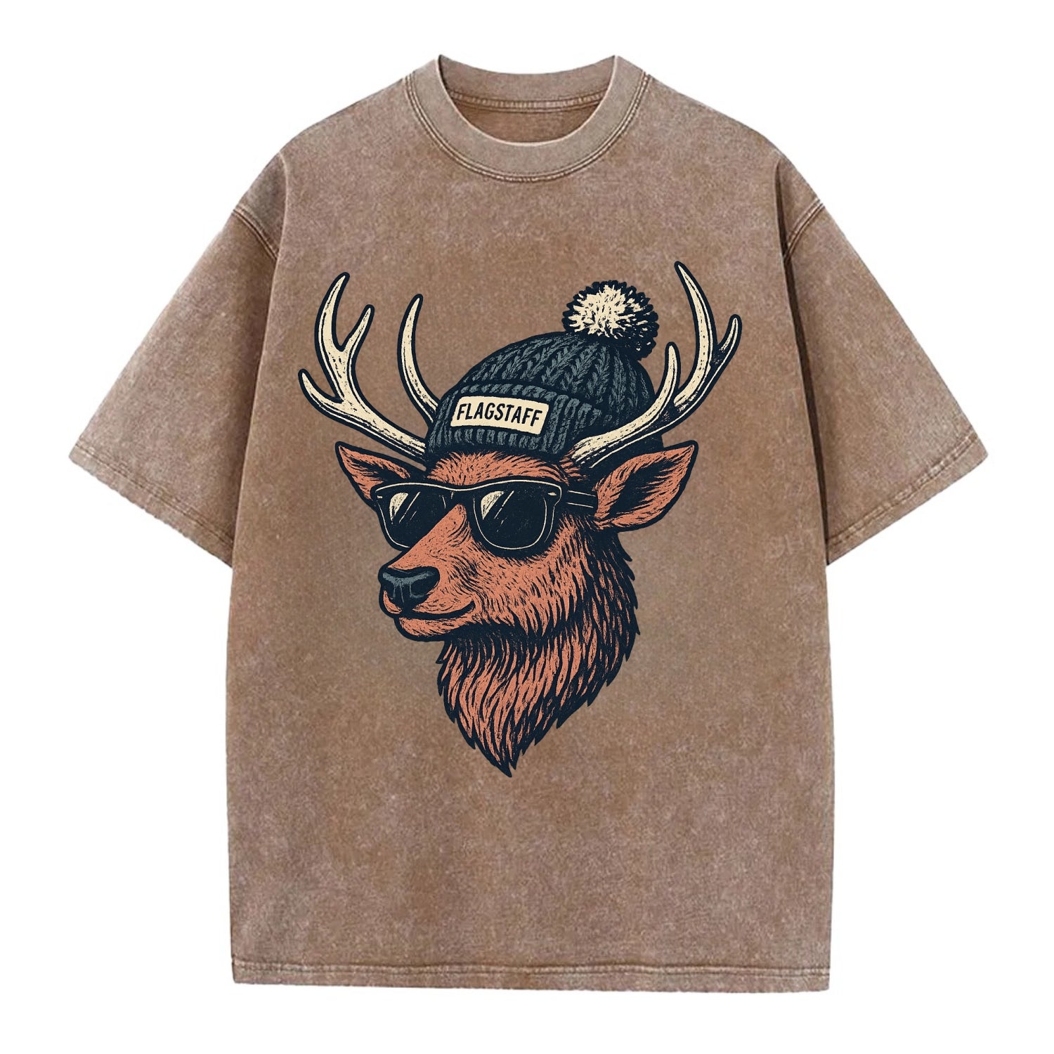 Flagstaff Elk wearing Flagstaff beanie with pom pom and wayfarer sunglasses - Vintage T-shirt - Brown