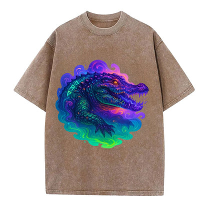 Primordial crocodile with scales pulsing plasma energy in green and purple, - Vintage T-shirt - Brown
