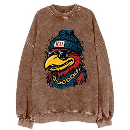 Lawrence Jayhawk wearing Kansas beanie with KU patch - Vintage Sweatshirt - Brown