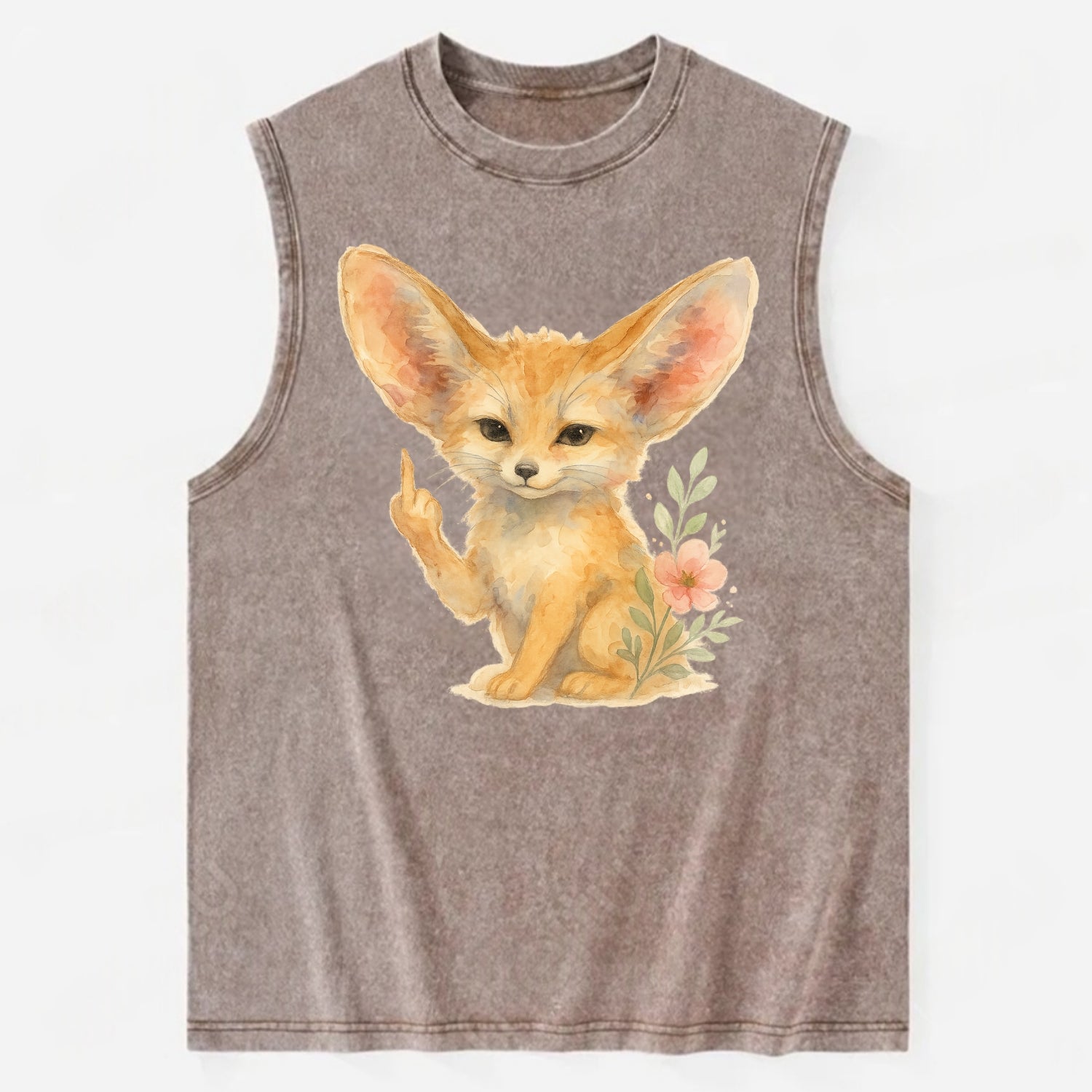 tiny fennec fox with oversized ears, one small paw raised in sass - Vintage Washed Tank - Brown