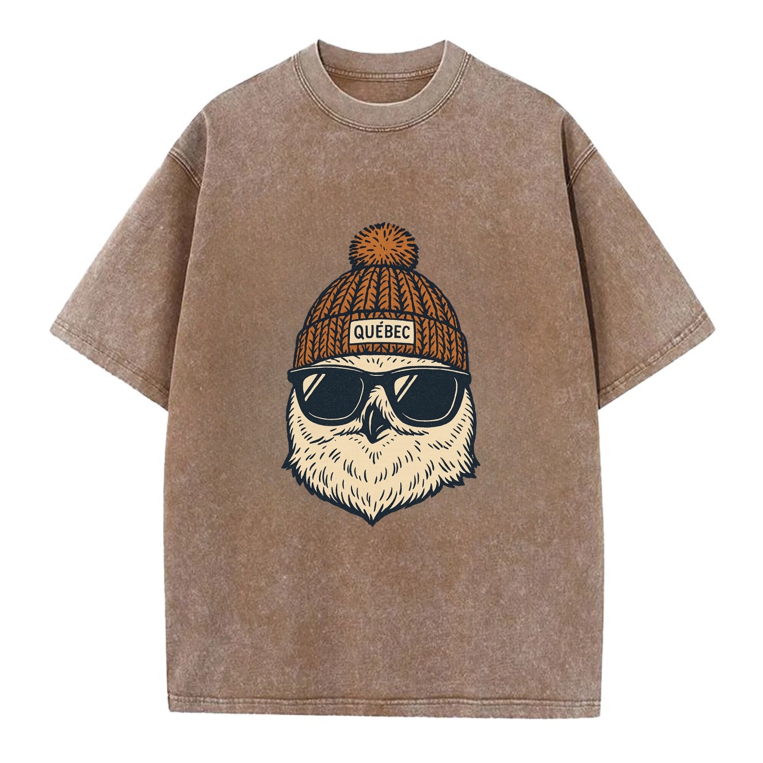 Quebec City Snowy Owl wearing Quebec beanie with pom pom and wayfarer sunglasses - Vintage T-shirt - Brown